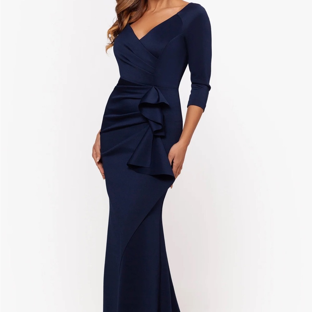 Xscape Navy Blue Long Sleeve Ruffle Evening Gown